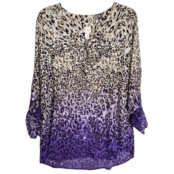 Chicos Glam Cheetah Robin Shirt Blouse Beige Purple Ombre Size 2 (US 12-14) - Picture 1 of 6
